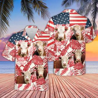 Hereford Red Floral US Flag Hawaiian Shirt, Farm Hawaiian Shirt, Farmer Hawaii | Newhawaiianshirts CA