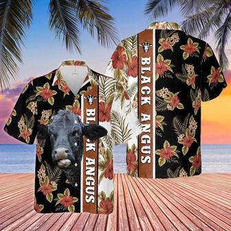 Hibiscus Flowers Black Angus Cattle Brown All Over Printed Hawaiian Shirt, Farm Hawaiian Shirt, Farmer Hawaii | Newhawaiianshirts AU