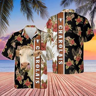 Hibiscus Flowers Charolais Cattle Brown All Over Printed Hawaiian Shirt, Farm Hawaiian Shirt, Farmer Hawaii | Newhawaiianshirts AU