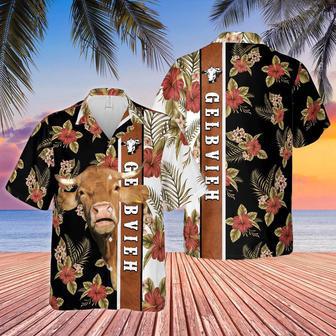 Hibiscus Flowers Gelbvieh Cattle Brown All Over Printed Hawaiian Shirt, Farm Hawaiian Shirt, Farmer Hawaii | Newhawaiianshirts CA