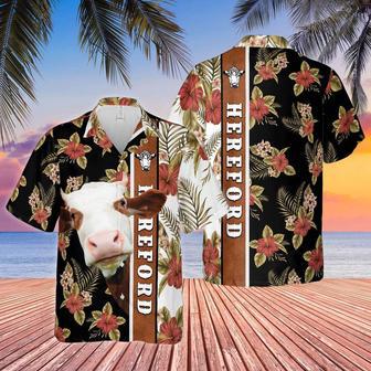 Hibiscus Flowers Hereford Cattle Brown All Over Printed Hawaiian Shirt, Farm Hawaiian Shirt, Farmer Hawaii | Newhawaiianshirts