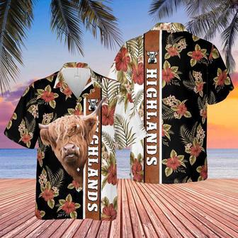 Hibiscus Flowers Highlands Cattle Brown All Over Printed Hawaiian Shirt, Farm Hawaiian Shirt, Farmer Hawaii | Newhawaiianshirts CA