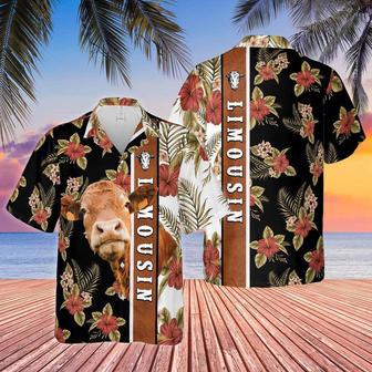 Hibiscus Flowers Limousin Cattle Brown All Over Printed Hawaiian Shirt, Farm Hawaiian Shirt, Farmer Hawaii | Newhawaiianshirts