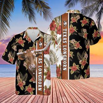 Hibiscus Flowers Texas Longhorn Cattle Brown All Over Printed Hawaiian Shirt, Farm Hawaiian Shirt, Farmer Hawaii | Newhawaiianshirts