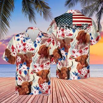 Highland Cattle American Flag Hawaiian Flowers All Over Printed Hawaiian Shirt, Farm Hawaiian Shirt, Farmer Hawaii | Newhawaiianshirts AU