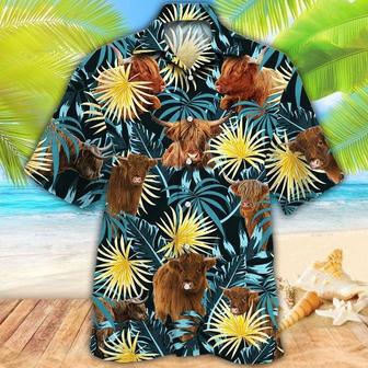 Highland Cattle Blue And Yellow Tropical Plants Hawaiian Shirt, Farm Hawaiian Shirt, Farmer Hawaii | Newhawaiianshirts AU