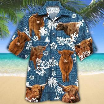 HIGHLAND Cattle Blue Tribal All Over Printed Hawaiian Shirt, Farm Hawaiian Shirt, Farmer Hawaii | Newhawaiianshirts DE