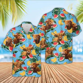 Highland Cattle Blue Tropical Fruits Pattern Hawaiian Shirt, Farm Hawaiian Shirt, Farmer Hawaii | Newhawaiianshirts