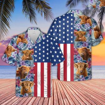 Highland Cattle Flower Pattern US Flag Hawaiian Shirt, Farm Hawaiian Shirt, Farmer Hawaii | Newhawaiianshirts