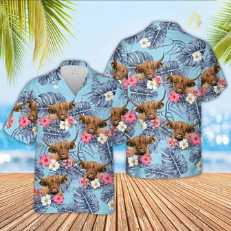 Highland Cattle Sierra Blue Pattern Hawaiian Shirt, Farm Hawaiian Shirt, Farmer Hawaii | Newhawaiianshirts AU