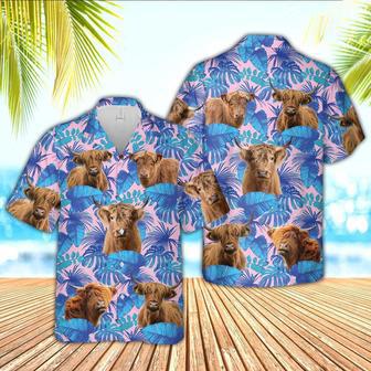 Highland Cattle Tropical Blue Palm Leaves Hawaiian Shirt, Farm Hawaiian Shirt, Farmer Hawaii | Newhawaiianshirts