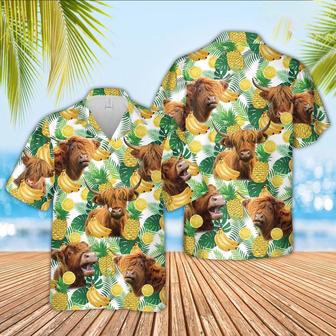 Highland Cattle White Tropical Fruits Pattern Hawaiian Shirt, Farm Hawaiian Shirt, Farmer Hawaii | Newhawaiianshirts