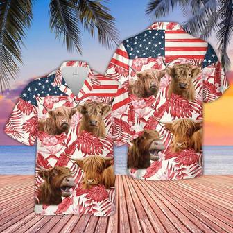 Highland Red Floral US Flag Hawaiian Shirt, Farm Hawaiian Shirt, Farmer Hawaii | Newhawaiianshirts AU