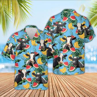 Holstein Cattle Blue Tropical Fruits Pattern Hawaiian Shirt, Farm Hawaiian Shirt, Farmer Hawaii | Newhawaiianshirts UK