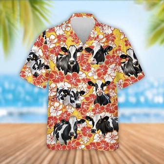 Holstein Cattle Orange Flower Pattern Hawaiian Shirt, Farm Hawaiian Shirt, Farmer Hawaii | Newhawaiianshirts