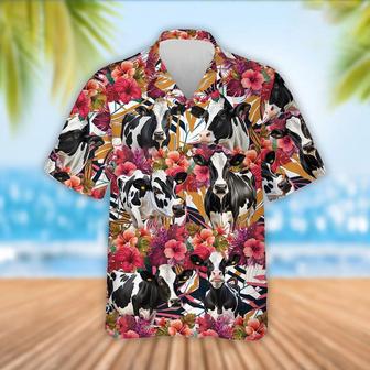 Holstein Cattle Red Hibicus Flowers Hawaiian Shirt, Farm Hawaiian Shirt, Farmer Hawaii | Newhawaiianshirts CA