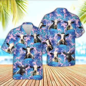 Holstein Cattle Tropical Blue Palm Leaves Hawaiian Shirt, Farm Hawaiian Shirt, Farmer Hawaii | Newhawaiianshirts CA