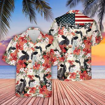 Holstein Hibicus Floral US Flag Hawaiian Shirt, Farm Hawaiian Shirt, Farmer Hawaii | Newhawaiianshirts CA