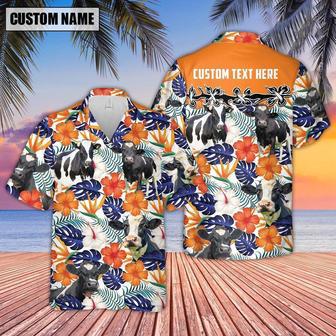 Holstein Hibiscus Blue Floral Custom Name Hawaiian Shirt, Farm Hawaiian Shirt, Farmer Hawaii | Newhawaiianshirts AU