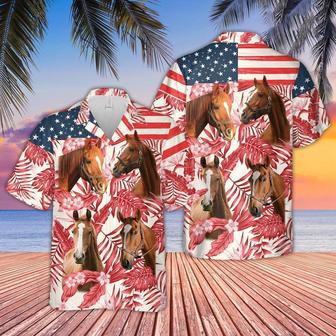 Horse Red Floral US Flag Hawaiian Shirt, Farm Hawaiian Shirt, Farmer Hawaii | Newhawaiianshirts CA