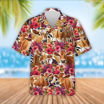 Jersey Cattle Red Hibicus Flowers Hawaiian Shirt, Farm Hawaiian Shirt, Farmer Hawaii | Newhawaiianshirts