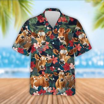 Jersey Cattle Red Tropical Flowers Hawaiian Shirt, Farm Hawaiian Shirt, Farmer Hawaii | Newhawaiianshirts