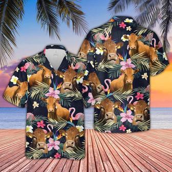 Limousin And Flamingo Flower Pattern Hawaiian Shirt, Farm Hawaiian Shirt, Farmer Hawaii | Newhawaiianshirts CA