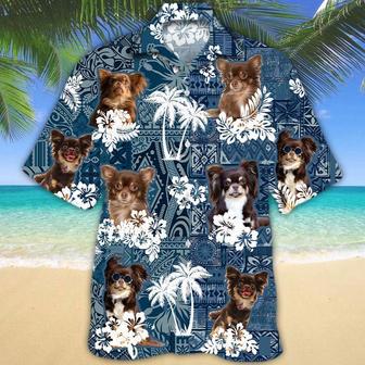 Long Haired Chihuahua Hawaiian Tropical Plants Pattern Blue And White All Over Printed Hawaiian Shirt, Farm Hawaiian Shirt, Farmer Hawaii | Newhawaiianshirts AU