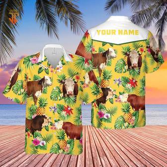 Personalized Name Hereford Cattle Pineapples All Over Printed Hawaiian Shirt, Farm Hawaiian Shirt, Farmer Hawaii | Newhawaiianshirts UK