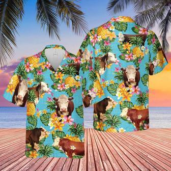 Pineapple Hawaiian Theme For HEREFORD Cattle Lovers All Printed Hawaiian Shirt, Farm Hawaiian Shirt, Farmer Hawaii | Newhawaiianshirts