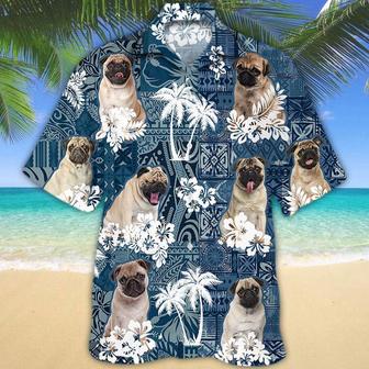 Pug Hawaiian Tropical Plants Pattern Blue And White All Over Printed Hawaiian Shirt, Farm Hawaiian Shirt, Farmer Hawaii | Newhawaiianshirts AU