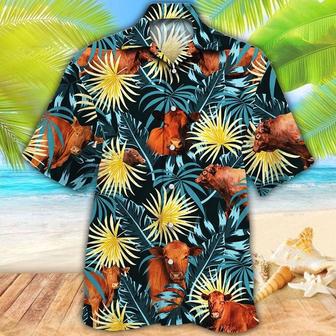 Red Angus Cattle Blue And Yellow Tropical Plants All Printed Hawaiian Shirt, Farm Hawaiian Shirt, Farmer Hawaii | Newhawaiianshirts CA