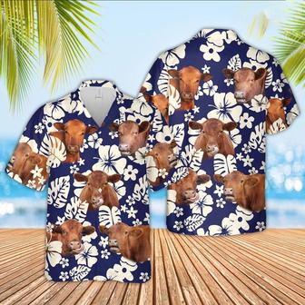 Red Angus Flower Blue Pattern Hawaiian Shirt, Farm Hawaiian Shirt, Farmer Hawaii | Newhawaiianshirts AU