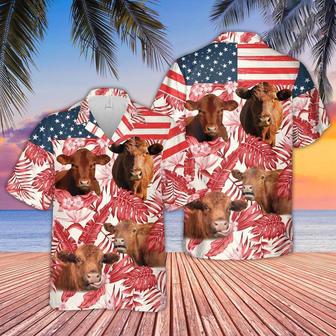 Red Angus Red Floral US Flag Hawaiian Shirt, Farm Hawaiian Shirt, Farmer Hawaii | Newhawaiianshirts DE