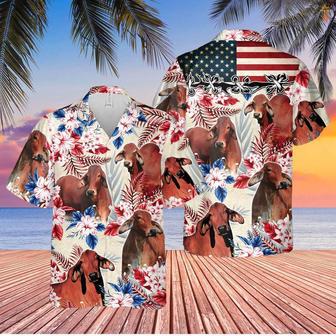 Red Brahman Cattle American Flag Hawaiian Flowers All Over Printed Hawaiian Shirt, Farm Hawaiian Shirt, Farmer Hawaii | Newhawaiianshirts AU