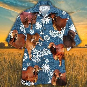 RED BRAHMAN Cattle Blue Tribal All Over Printed Hawaiian Shirt, Farm Hawaiian Shirt, Farmer Hawaii | Newhawaiianshirts