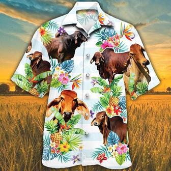 RED BRAHMAN CATTLE Hawaiian Theme Pineapple Tropical Flower All Printed Hawaiian Shirt, Farm Hawaiian Shirt, Farmer Hawaii | Newhawaiianshirts