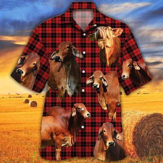 Red Brahman Cattle Red Tartan Pattern All Over Printed Hawaiian Shirt, Farm Hawaiian Shirt, Farmer Hawaii | Newhawaiianshirts