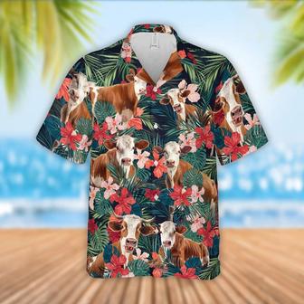 Simmental Cattle Red Tropical Flowers Hawaiian Shirt, Farm Hawaiian Shirt, Farmer Hawaii | Newhawaiianshirts CA