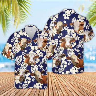 Simmental Flower Blue Pattern Hawaiian Shirt, Farm Hawaiian Shirt, Farmer Hawaii | Newhawaiianshirts AU