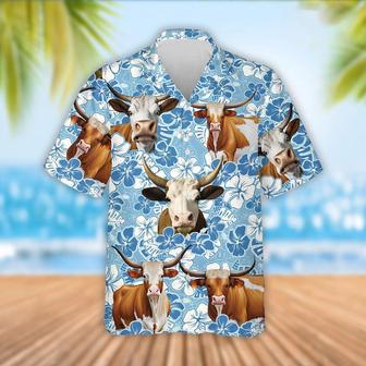 Texas Longhorn Cattle Blue Flower Pattern Hawaiian Shirt, Farm Hawaiian Shirt, Farmer Hawaii | Newhawaiianshirts AU