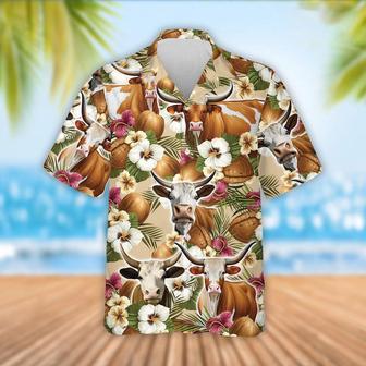 Texas Longhorn Cattle Coconut Tropical Flowers Hawaiian Shirt, Farm Hawaiian Shirt, Farmer Hawaii | Newhawaiianshirts UK