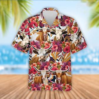 Texas Longhorn Cattle Red Hibicus Flowers Hawaiian Shirt, Farm Hawaiian Shirt, Farmer Hawaii | Newhawaiianshirts AU