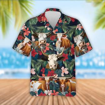 Texas Longhorn Cattle Red Tropical Flowers Hawaiian Shirt, Farm Hawaiian Shirt, Farmer Hawaii | Newhawaiianshirts CA