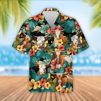 Texas Longhorn Cattle Tropical Flowers Hawaiian Shirt, Farm Hawaiian Shirt, Farmer Hawaii | Newhawaiianshirts