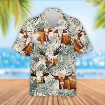 Texas Longhorn Cattle Tropical Leaf Pattern Hawaiian Shirt, Farm Hawaiian Shirt, Farmer Hawaii | Newhawaiianshirts DE