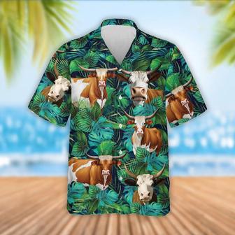 Texas Longhorn Cattle Tropical Leaves Hawaiian Shirt, Farm Hawaiian Shirt, Farmer Hawaii | Newhawaiianshirts UK