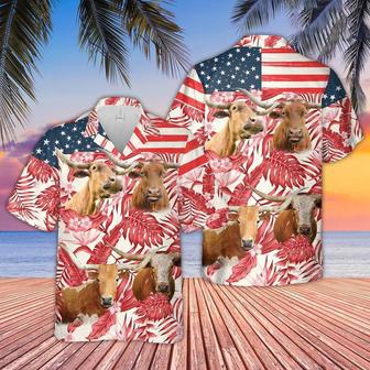 Texas Longhorn Red Floral US Flag Hawaiian Shirt, Farm Hawaiian Shirt, Farmer Hawaii | Newhawaiianshirts AU