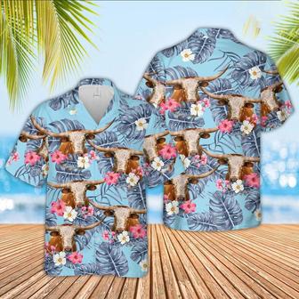 Texas Longhorn Sierra Blue Pattern Hawaiian Shirt, Farm Hawaiian Shirt, Farmer Hawaii | Newhawaiianshirts AU