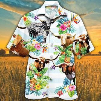 TX LONGHORN CATTLE Hawaiian Theme Pineapple Tropical Flower Hawaiian Shirt, Farm Hawaiian Shirt, Farmer Hawaii | Newhawaiianshirts UK